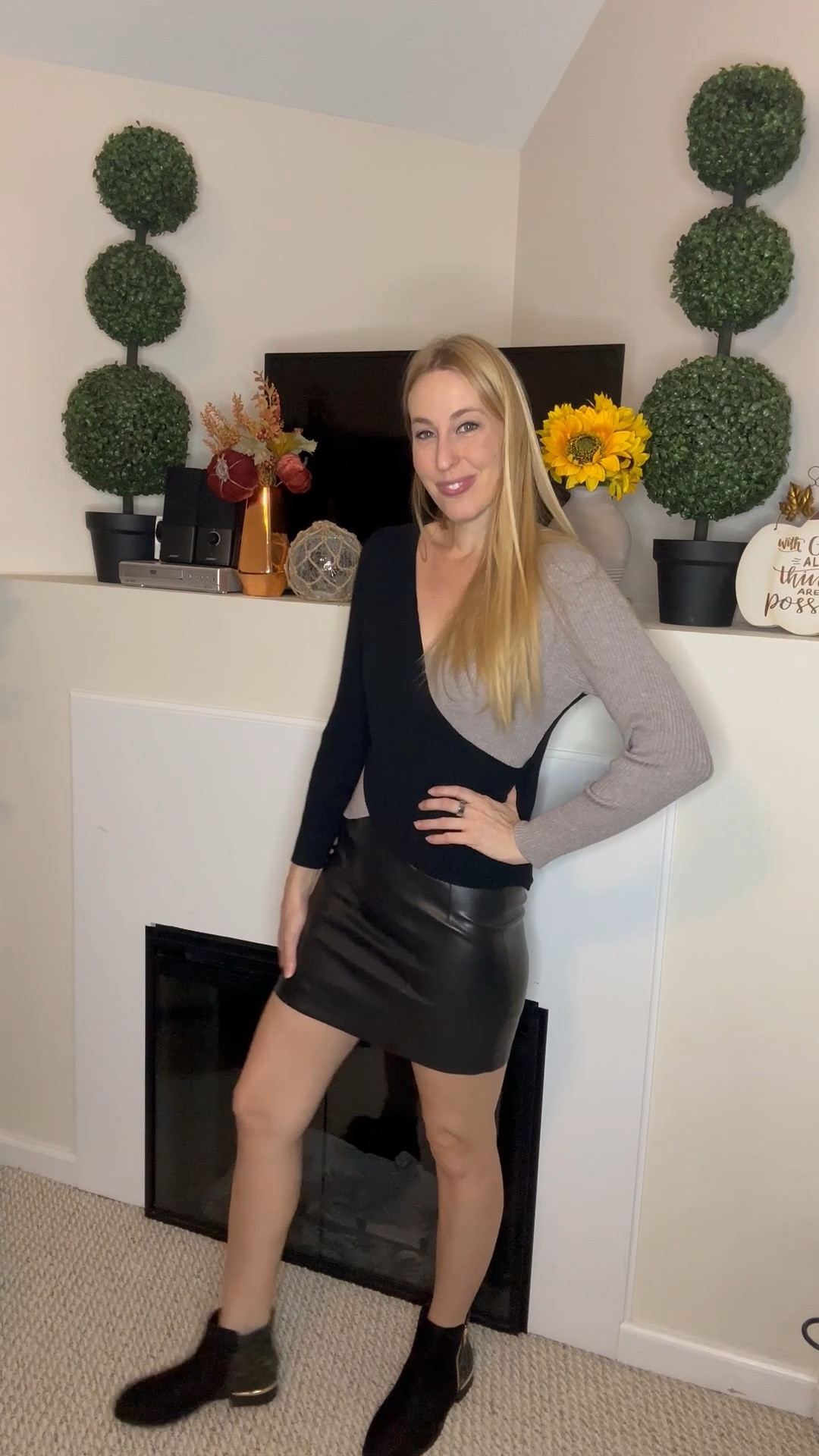 Cozy date night outfit for fall
🖤 the sweater is comfortable and so soft   
🖤I love this skirt and will be wearing it so much this fall
🖤fits true to size, wearing size small and I am 5’10”
🖤 Amazon fashion find under 50
