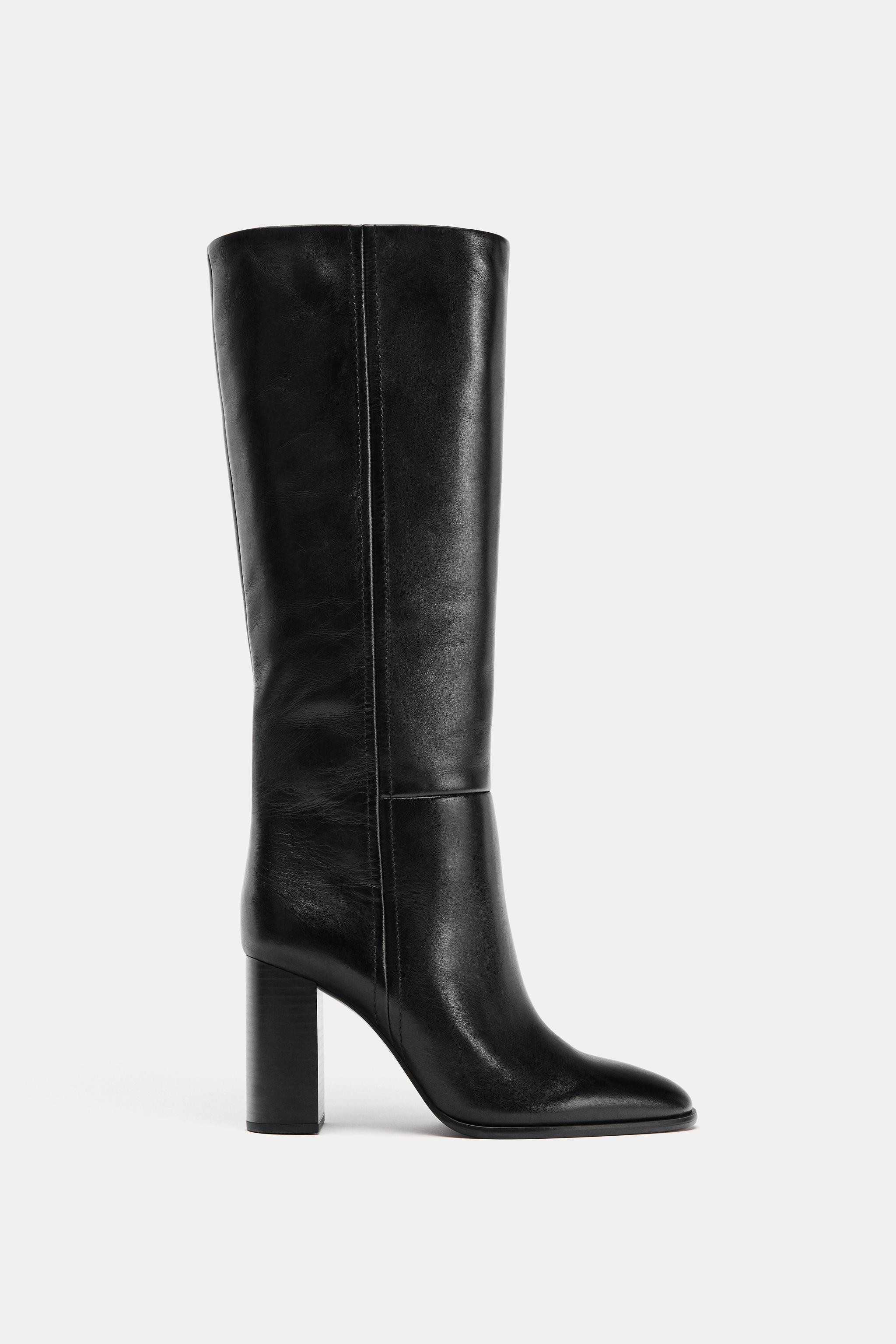LEATHER HIGH-HEEL KNEE-HIGH BOOTS | Zara US