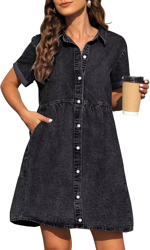 KDF Denim Dress for Women with Pockets Short Sleeve Babydoll Denim Shirt Dresses for Women 2025 | Amazon (US)