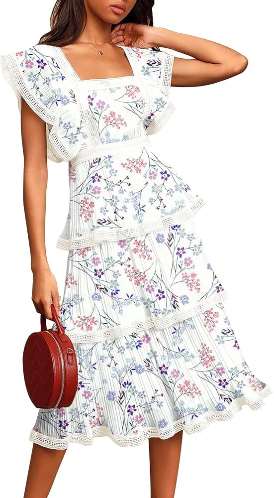 ETCYY Women's Summer Ruffle Dress Tiered Layed Chiffon Lace Short Sleeve Boho Floral Print Party ... | Amazon (US)