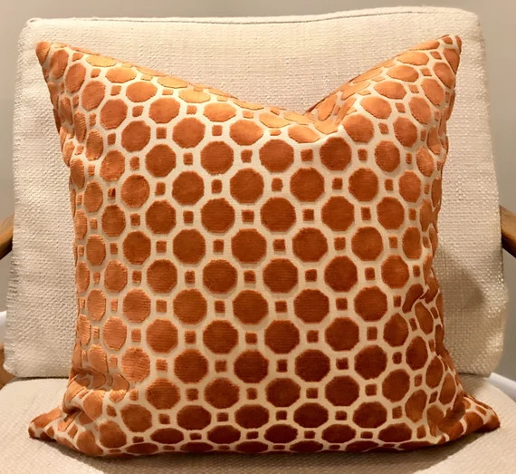 Terracotta Orange and Beige Velvet Geometric Pillow Cover / Designer Robert Allen Geo Copper with... | Etsy (US)