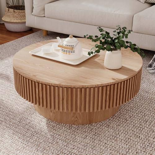 Round Coffee Table with Storage, Modern Wooden Coffee Table with Solid Wood Veneered, Circle Center Table Accent Tea Table for Living Room Apartment Small Space (31.5''L × 31.5''W × 14''H, Natural) | Amazon (US)