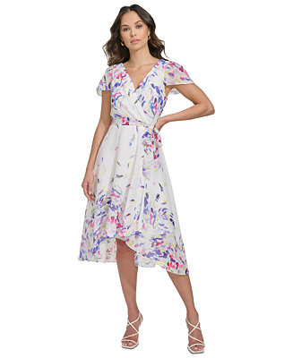 DKNY Petite Flutter-Sleeve Faux-Wrap Midi Dress - Macy's | Macy's