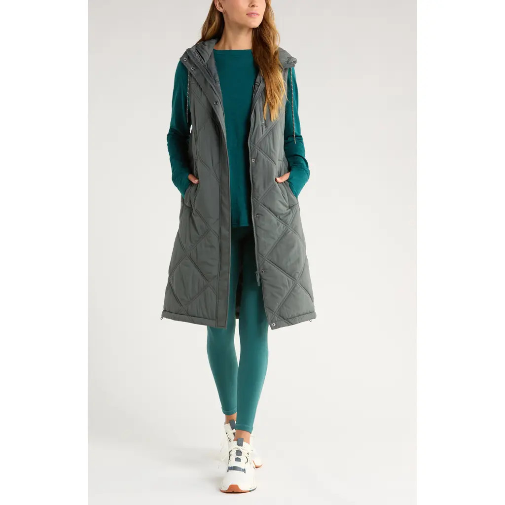 Zella Long Hooded Puffer Vest in Green Urban at Nordstrom, Size Large | Nordstrom