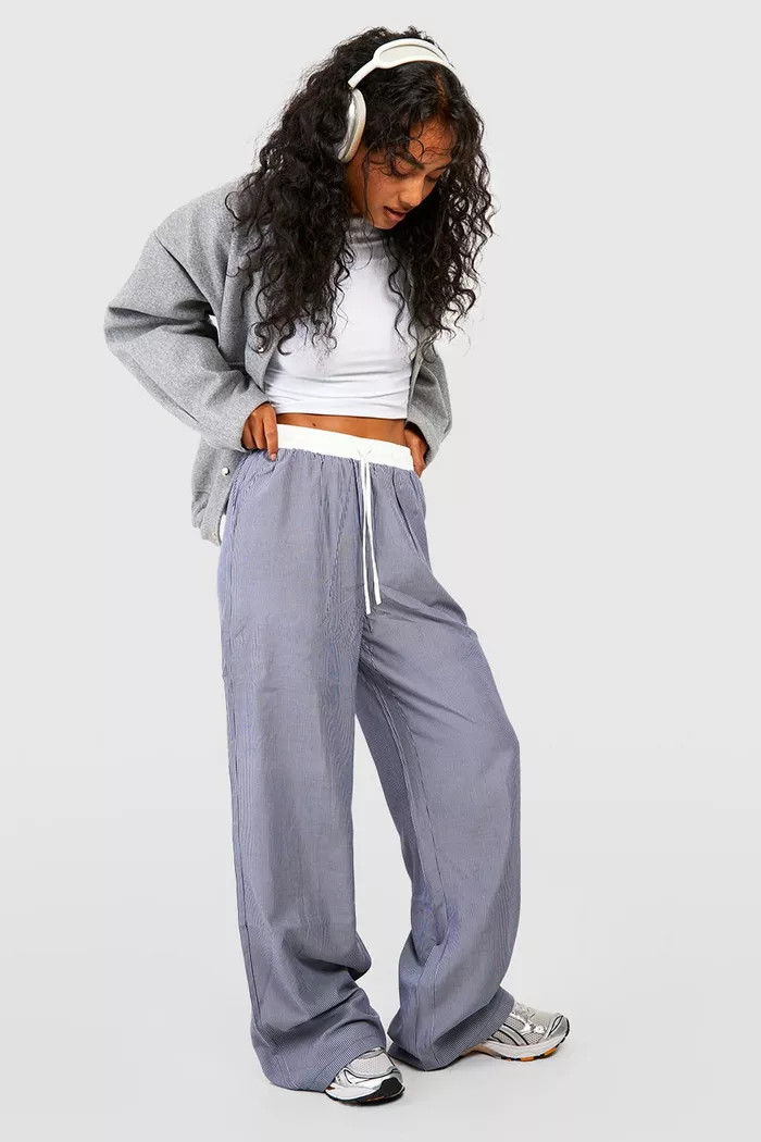 Contrast Waistband Striped Wide Leg Trousers | Boohoo.com (UK & IE)