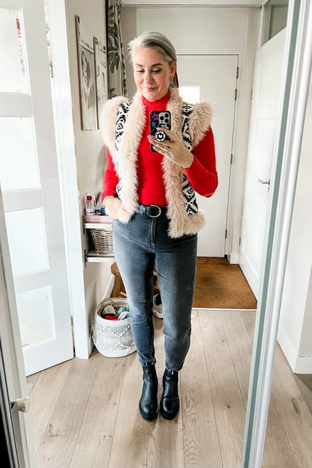 Ootd - Sunday. Red turtleneck top, furry gilet (local boutique) and washed black grey skinny jeans. Crew socks and sturdy Chelsea boots. 

#LTKstyletip #LTKover40 #LTKeurope