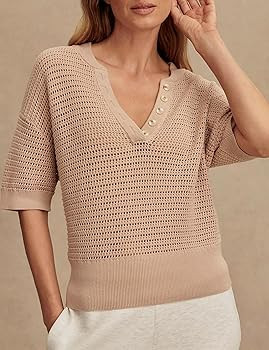 Crochet Tops for Women V Neck Short Sleeve Open Knit Sweater Lightweight Summer Pullover Beach Co... | Amazon (US)