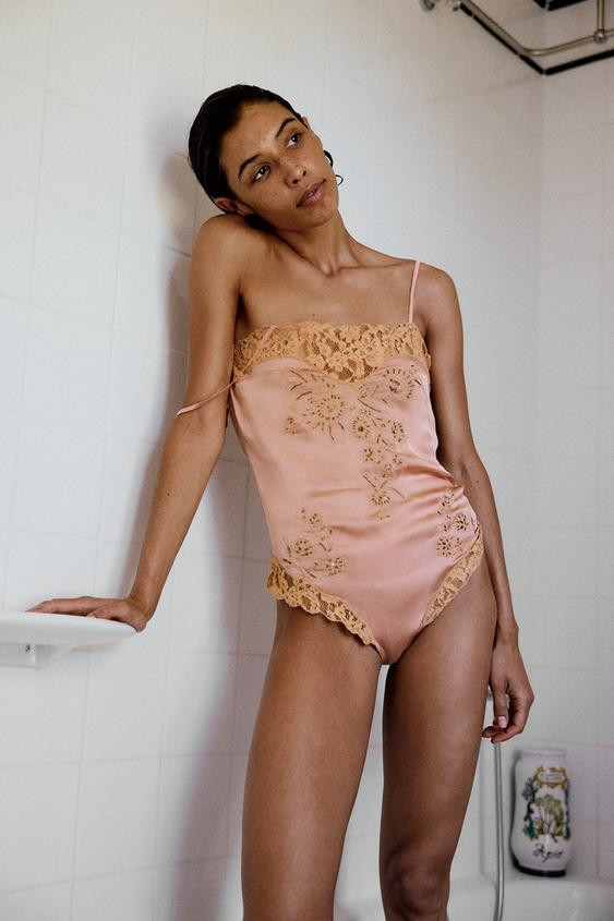 EMBROIDERED SATIN BODYSUIT | Zara UK