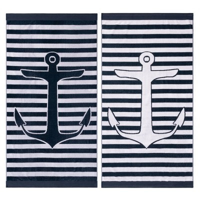 Yacht Club Cotton Oversized Reversible Beach Towel Set of 2, Navy Blue-White - Blue Nile Mills | Target