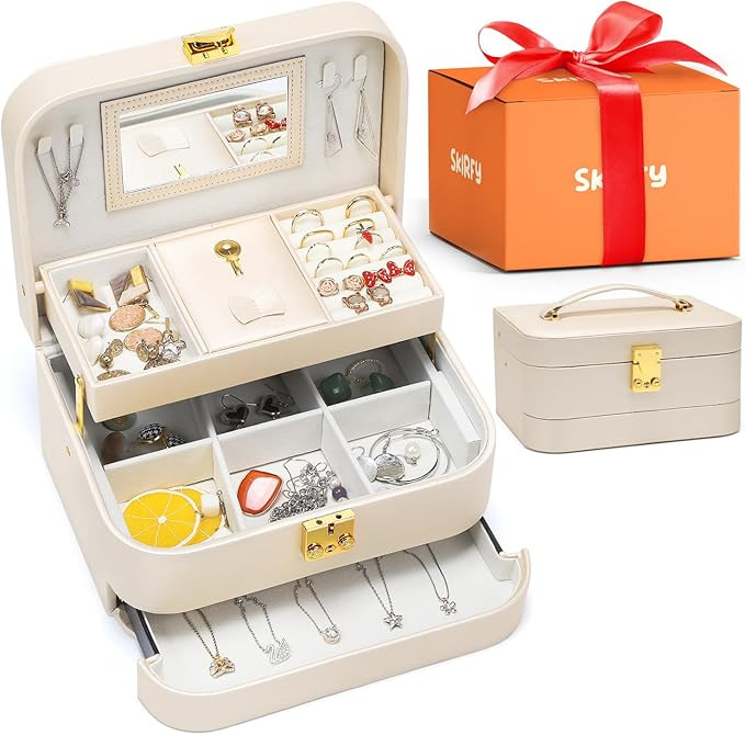 Jewelry Box for Women, 3-Layer Jewelry Holder Organizer with Mirror, Travel Jewelry Storage, Lock... | Amazon (US)