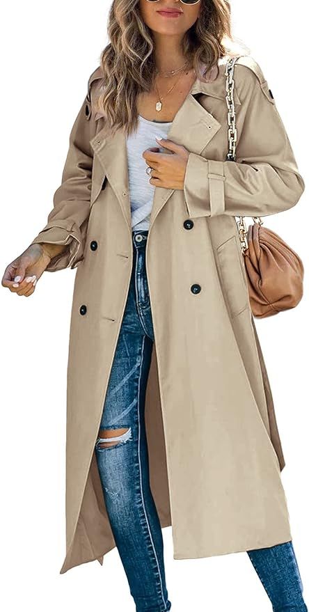 Makkrom Women's Double Breasted Long Trench Coat Windproof Classic Lapel Slim Overcoat with Belt | Amazon (US)