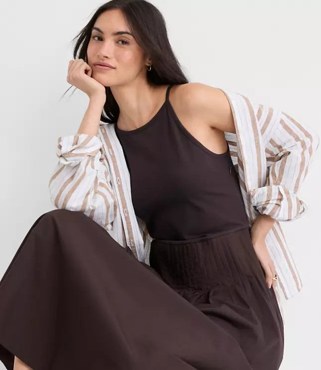 Pleated Mixed Media Midi Halter Dress | LOFT