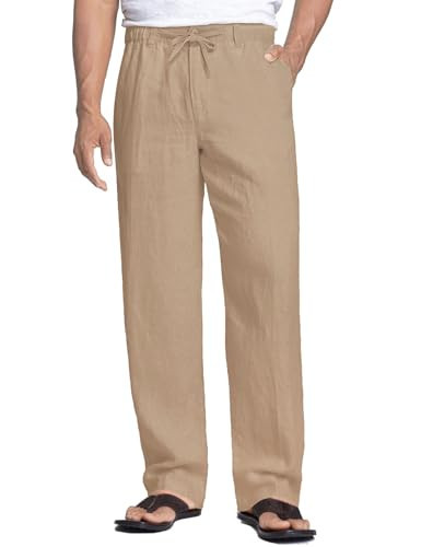 COOFANDY Mens Drawstring Linen Pants Elastic Waist Lightweight Beach Pants Casual Summer Trousers (Light Brown, XL) | Amazon (US)