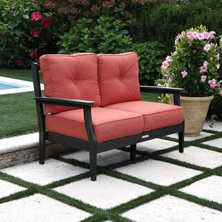 Lehigh Black Recycled Plastic Outdoor Deep Seating Loveseat with Sunbrella Canvas Persimmon Cushions | The Home Depot