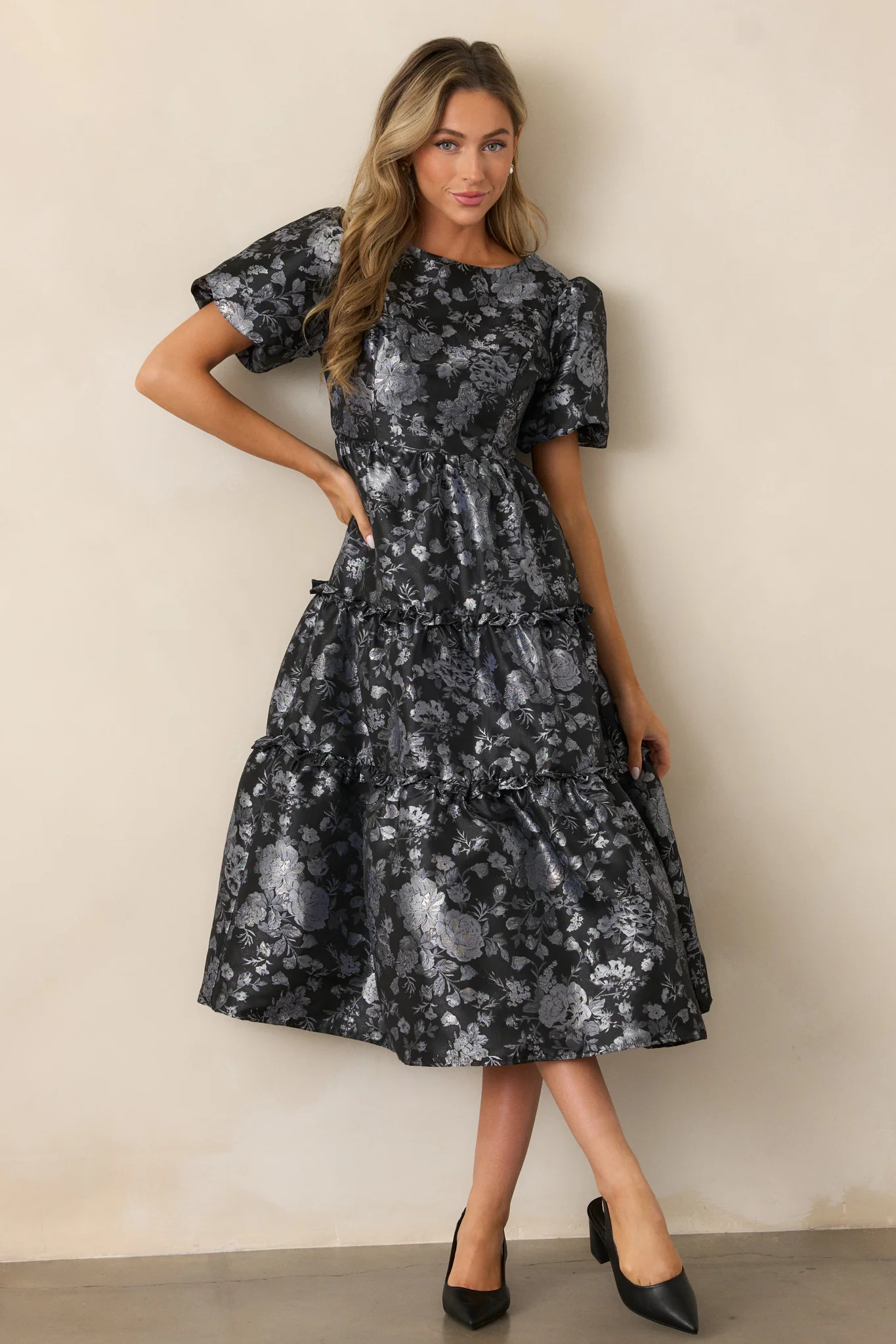 Follow My Lead Black Floral Jacquard Midi Dress | Red Dress