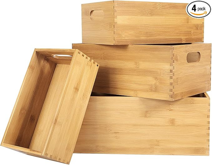 ANMINY Set of 4 Nesting Wooden Crates for Storage, Bamboo Wood Storage Containers Bins, Handmade ... | Amazon (US)
