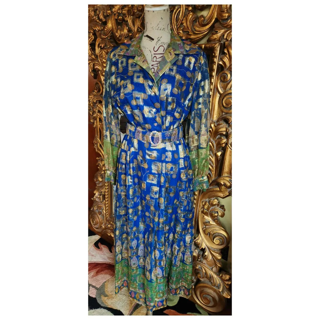 Vintage 60's Lane Bryant Metallic Blue & Gold Patterned Lamé Shirt Waist Maxi Dress With AB Crys... | Etsy (US)