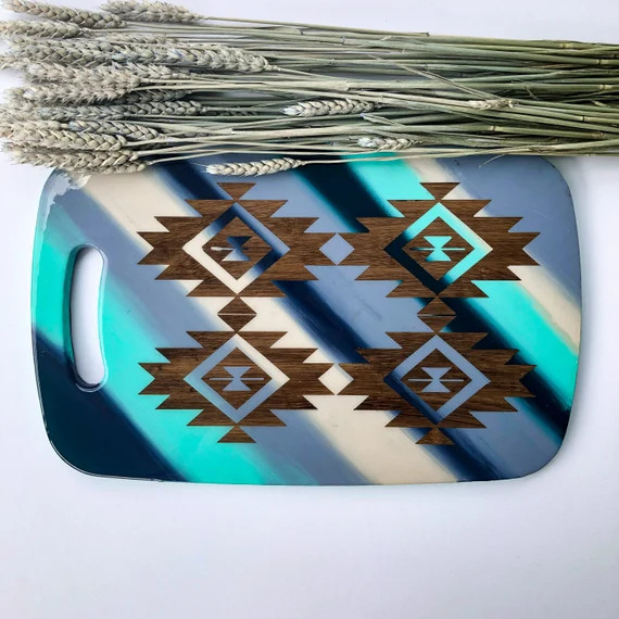 RETRO Hand Painted Serving Board | Wooden Cheese Board with Handle | Charcuterie | Resin | Blue |... | Etsy (US)