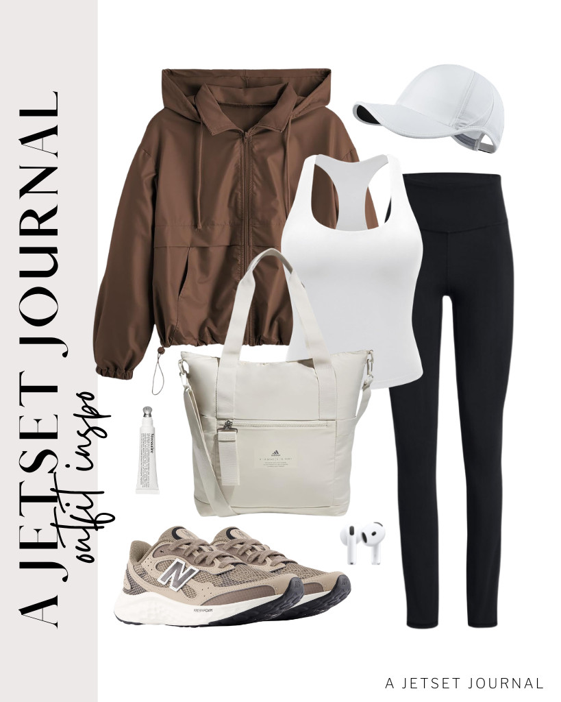 This combination of a racerback tank top, black leggings, and a brown windbreaker jacket is our next outfit. For this look, you can wear these New Balance Arishi V4 Tiralux sneakers and carry an adidas All Me tote bag. This running hat from GADIEMKENSD is also perfect for this fit. 

 #LTKSeasonal #LTKSaleAlert #LTKTravel