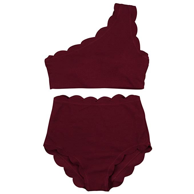 Women Vintage High Waisted Swimsuit Two Pieces Scalloped Trim One Shoulder Bikini Bathing Suit | Amazon (US)