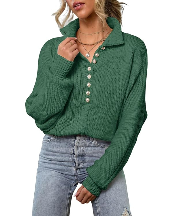 EVALESS Womens Oversized Knit Chunky Fall Sweater Tops 2024 V Neck Long Sleeve Lapel Collar Butto... | Amazon (US)