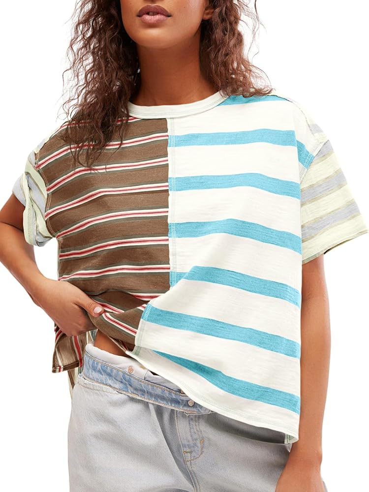 Tankaneo Womens Summer Striped Shirts Casual Color Block Short Sleeve Tops Loose Fit Crew Neck Te... | Amazon (US)