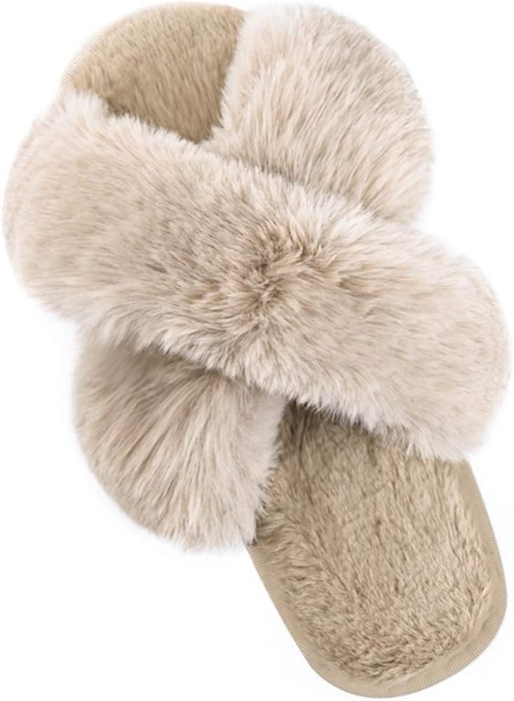 Women's Cross Band Soft Plush Fleece Cozy Open Toe House Shoes Indoor Outdoor Warm Comfy Slippers | Amazon (US)