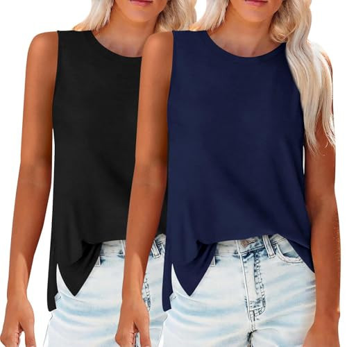 Zeagoo Navy Blue Tank Top Women Loose Fit Sleeveless Round Neck Basic Blouse Casual Summer Side Split Work Shirts Black&Navy S | Amazon (US)