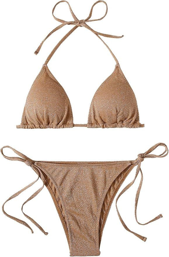 Verdusa Women's Glitter Halter Triangle Tie Side High Cut Bikini Set Swimsuit | Amazon (US)