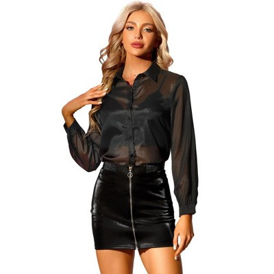 INSPIRE CHIC Women's Sheer Mesh Long Sleeve Button Down Shirts Small Black | Target