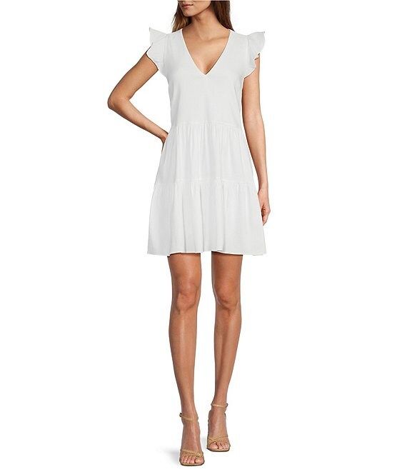 Opal Linen V-Neckline Cap Sleeve Tiered A-Line Dress | Dillard's