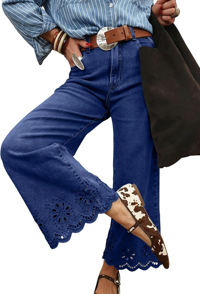 Sidefeel Womens Wide Leg Embroidered Jeans Stretchy Denim Pants | Amazon (US)