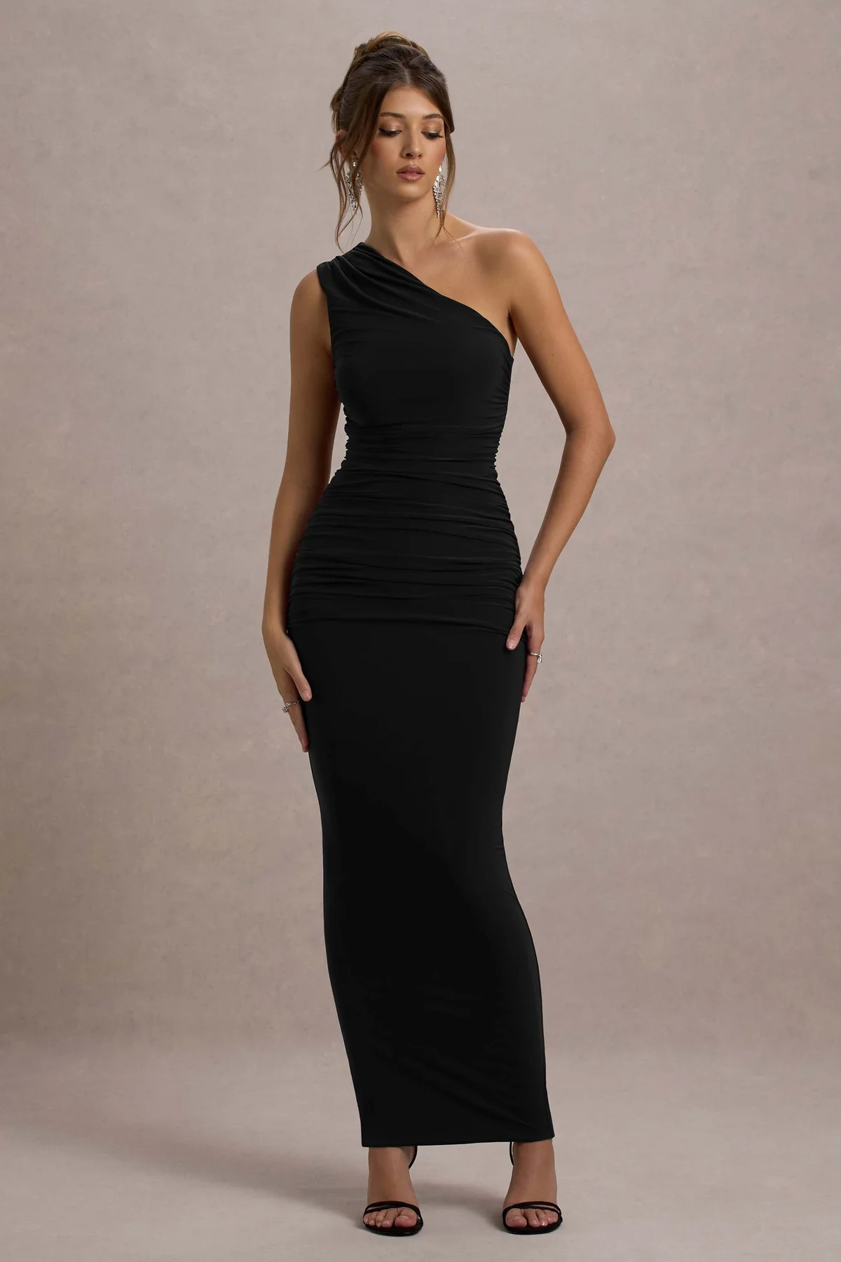 Dalarie  Black One-Shoulder Gathered Maxi Dress | Club L London