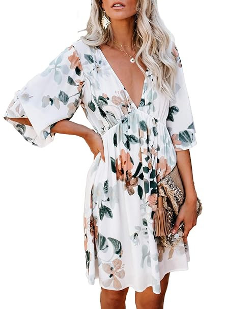 Dokotoo Womens Floral Print V Neck Short Ruffle Sleeve Dress | Amazon (US)