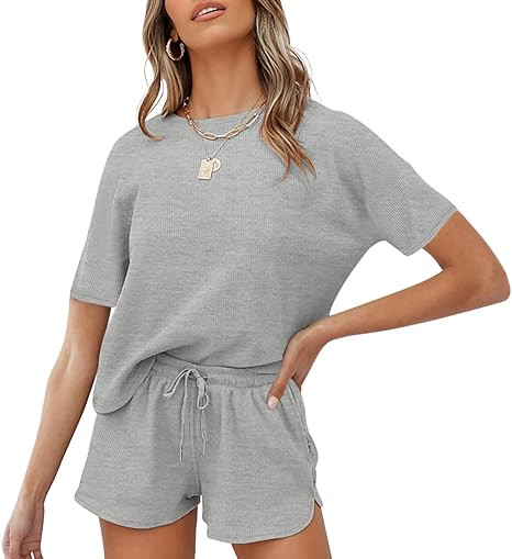 MEROKEETY Women's Short Sleeve Waffle Pajama Sets Lounge Top and Shorts 2 Piece Tracksuit Outfits | Amazon (US)