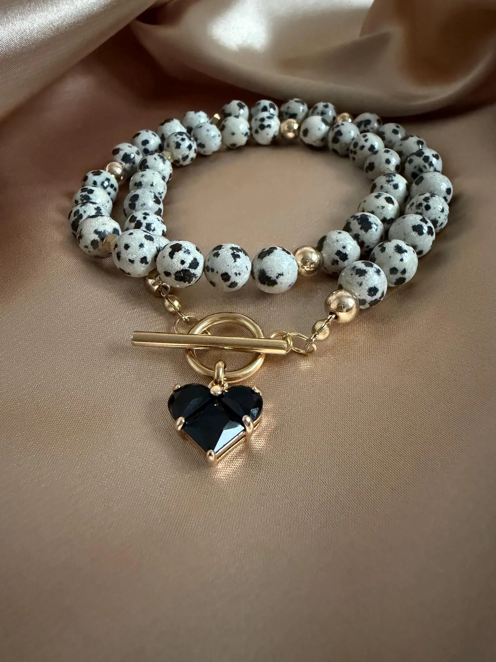 Dalmatian Jasper Beaded Necklace with Black Heart Pendant, Gold Toggle Clasp, Handmade Statement ... | Etsy (Global)