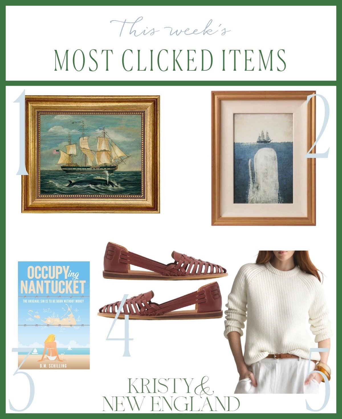 Most popular this week: whale & ship art, Occupying Nantucket book, leather huaraches, organic cotton fisherman sweater

#LTKHome #LTKSaleAlert #LTKOver40