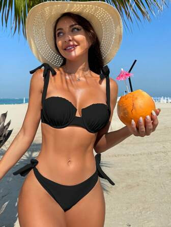 SHEIN Swim Summer Beach Women's Solid Color Pleated Swimsuit Set | SHEIN