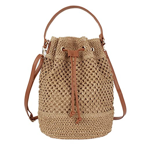 Van Caro Shoulder Bucket Bag Straw Tote StrawHandwoven Drawstring Beach/Crossbody Bag for Women,Light Coffee | Amazon (US)