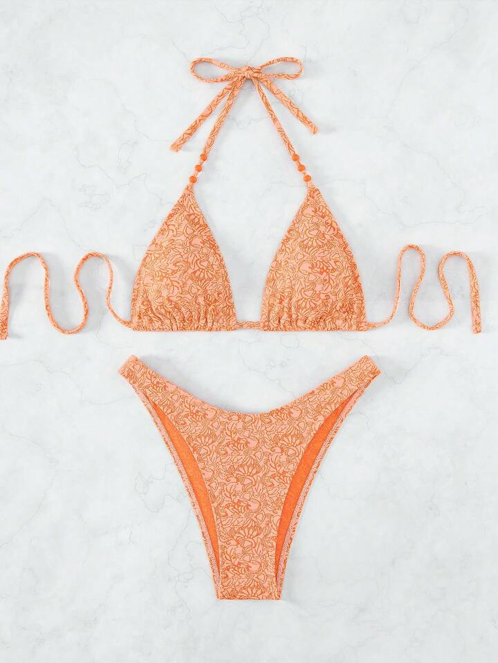 Allover Print Halter Triangle Bikini Swimsuit | SHEIN