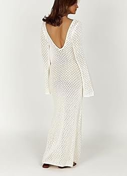 Women See Through Knit Long Dress Long Sleeve Crochet Maxi Bodycon Dress Backless Beach Bikini Co... | Amazon (US)