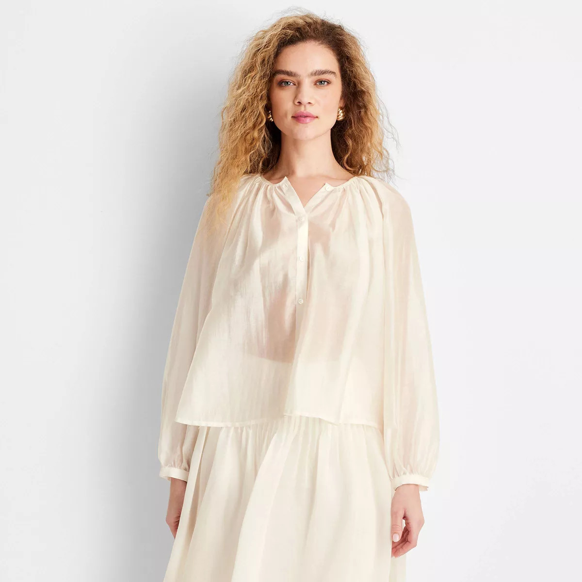 Women's Long Sleeve Flowy Button-Down Shirt - Future Collective Cream L | Target
