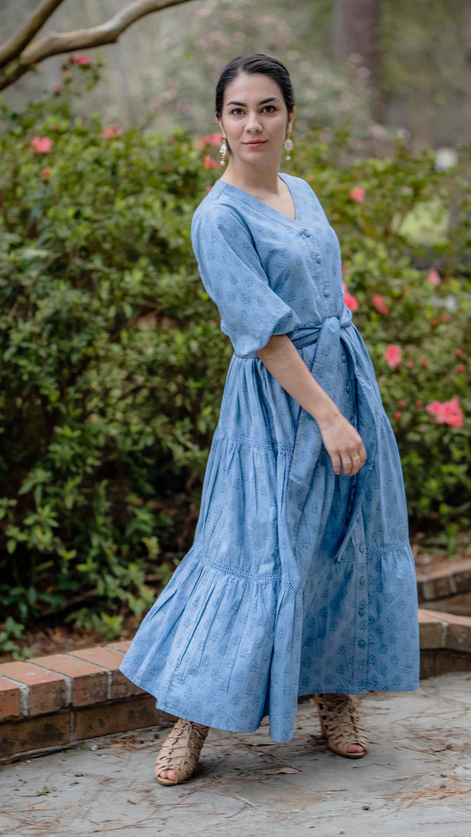 SOFIA BLOCK PRINT DRESS WITH PUFF SLEEVES | AZUL | All In The Detail