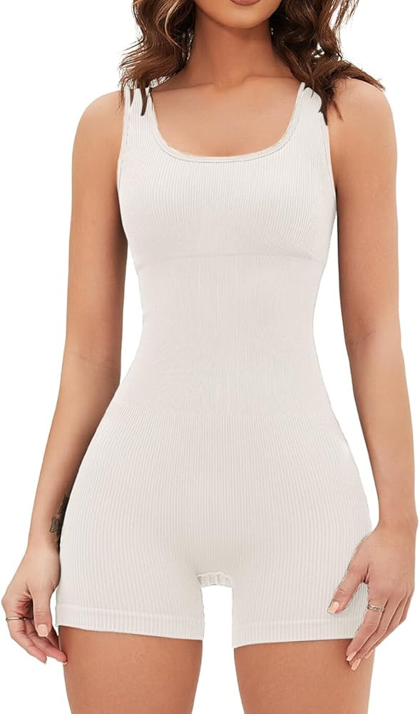 QINSEN Seamless Romper for Women Ribbed Workout Square Neck Padded Bra One Piece Short Jumpsuit | Amazon (US)