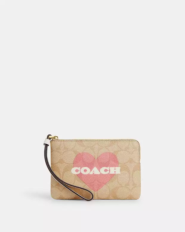 Corner Zip Wristlet In Signature Canvas With Heart Print | Coach Outlet US