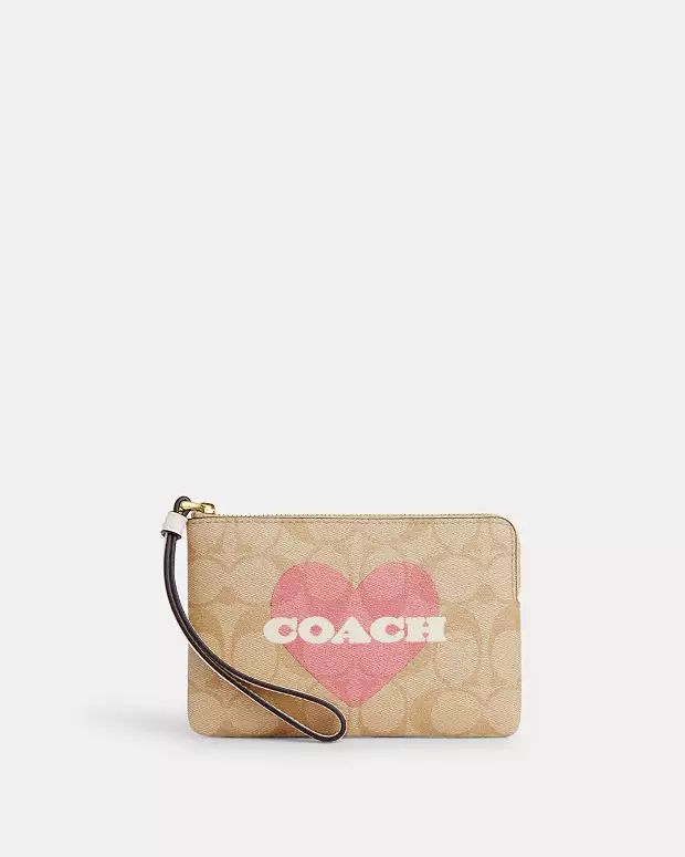 Corner Zip Wristlet In Signature Canvas With Heart Print | Coach Outlet