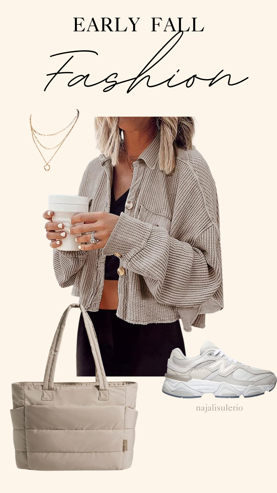 Early Fall Fashion Idea!

Cropped cream shacket layered over a black cropped workout tank and matching high waisted leggings. Paired with some chunky socks and sneakers, dainty layered necklaces, and a puffy tote.

This is perfect for the on-the-go mom who needs to look put-together and fast. Super casual and easy look for the warmer fall days! 

 #LTKFallSale #LTKSeasonal #LTKStyleTip