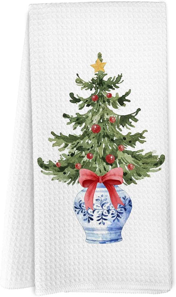 Blue and White Chinoiserie Christmas Tree Kitchen Towels, Coquette Christmas Red Bow Hand Towels ... | Amazon (US)