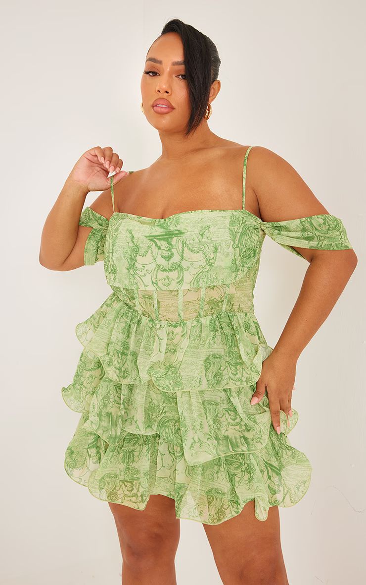 Plus Green Statue Printed Ruffle Bodycon Dress | PrettyLittleThing US