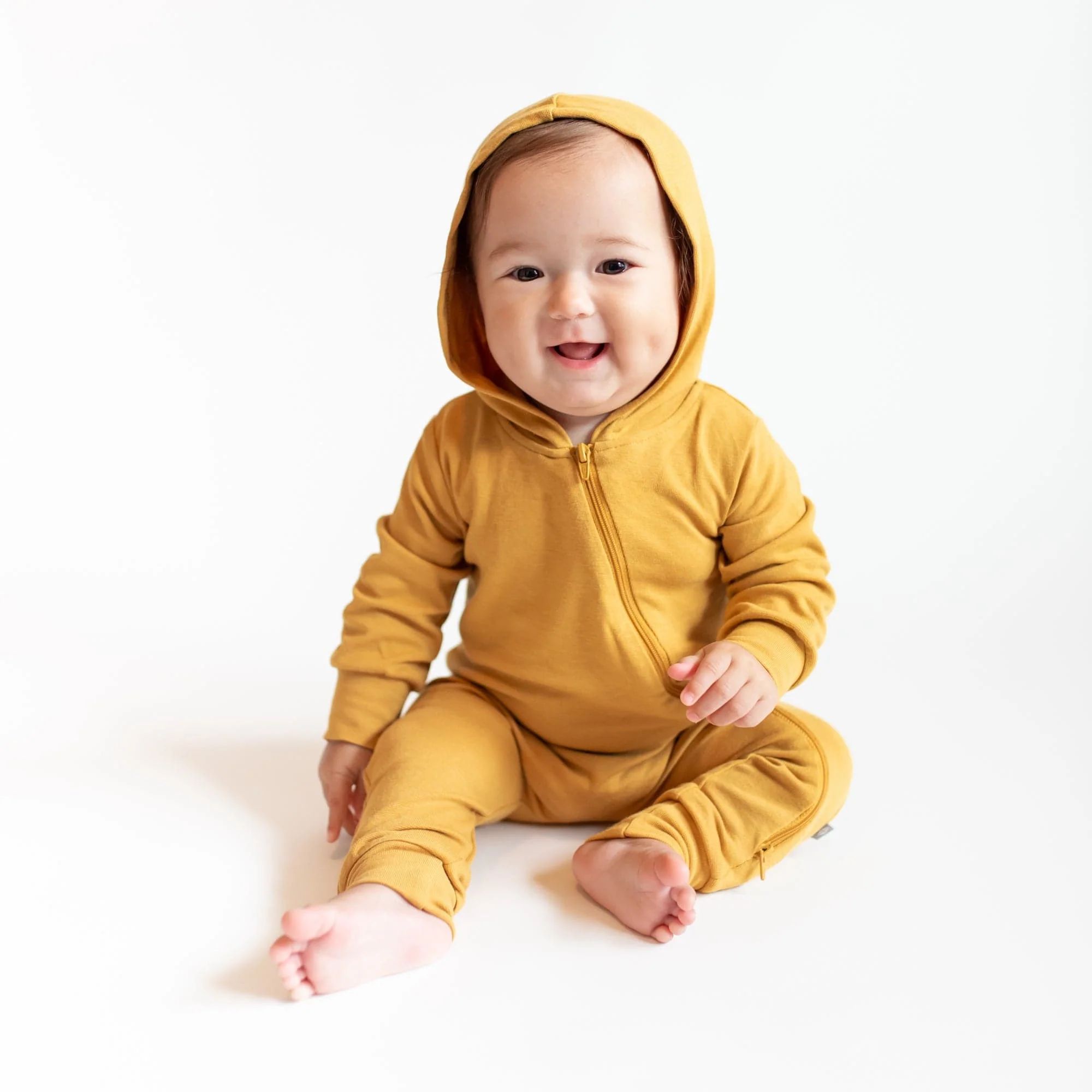Bamboo Jersey Hooded Zippered Romper in Marigold | Kyte BABY